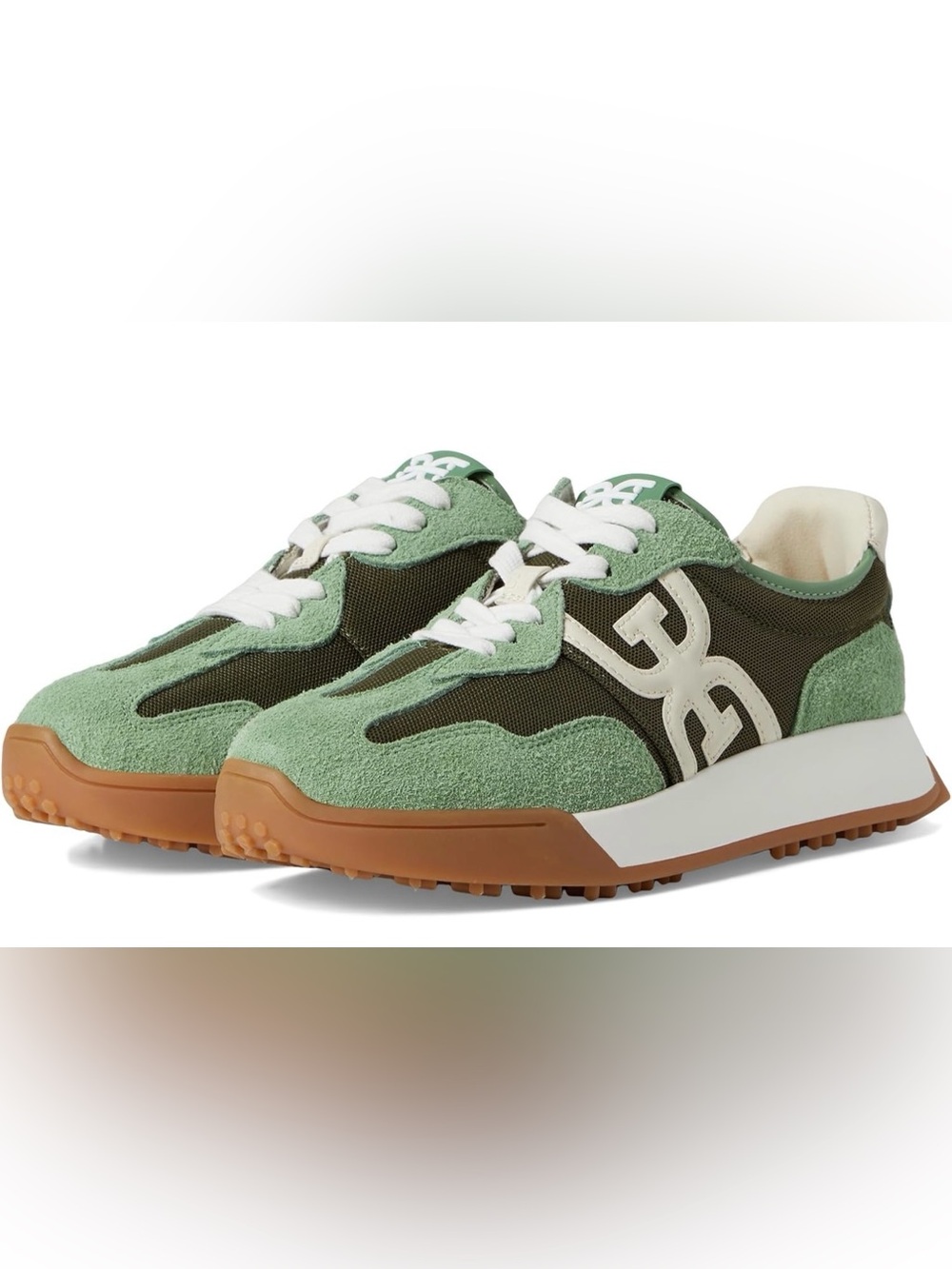 Sam Edelman Green Suede & Olive Mesh Retro Runner Sneakers with Gum Sole